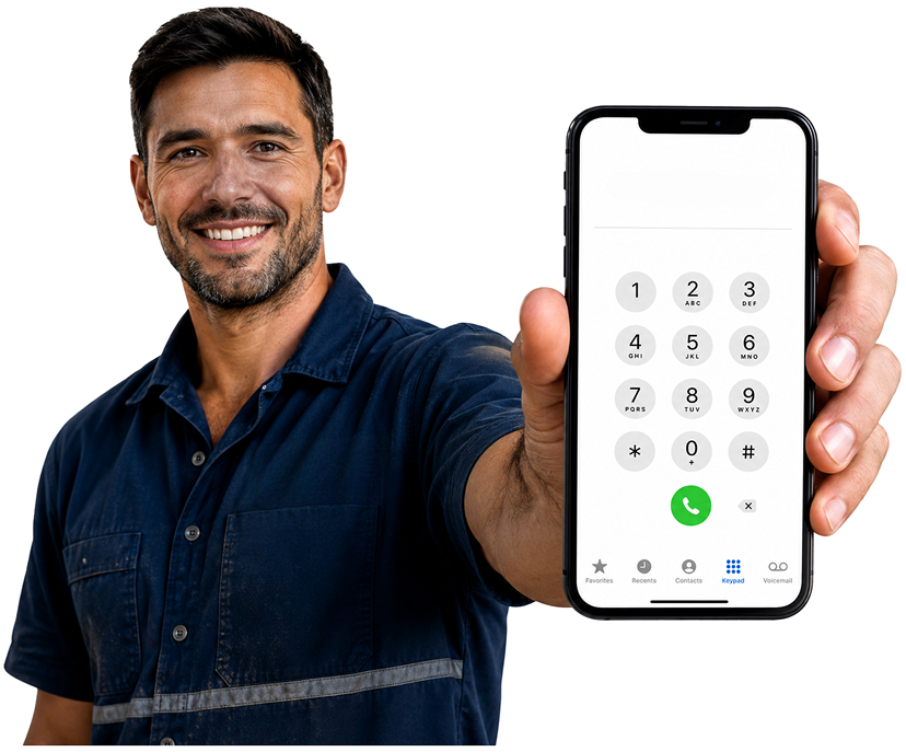 Gordon Blocked Drains plumber holding a phone — call 1300 261 965