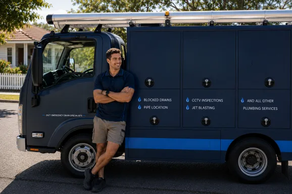 Service van and plumber at a Gordon callout