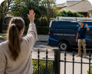 Customer waving goodbye to a Gordon Blocked Drains plumber